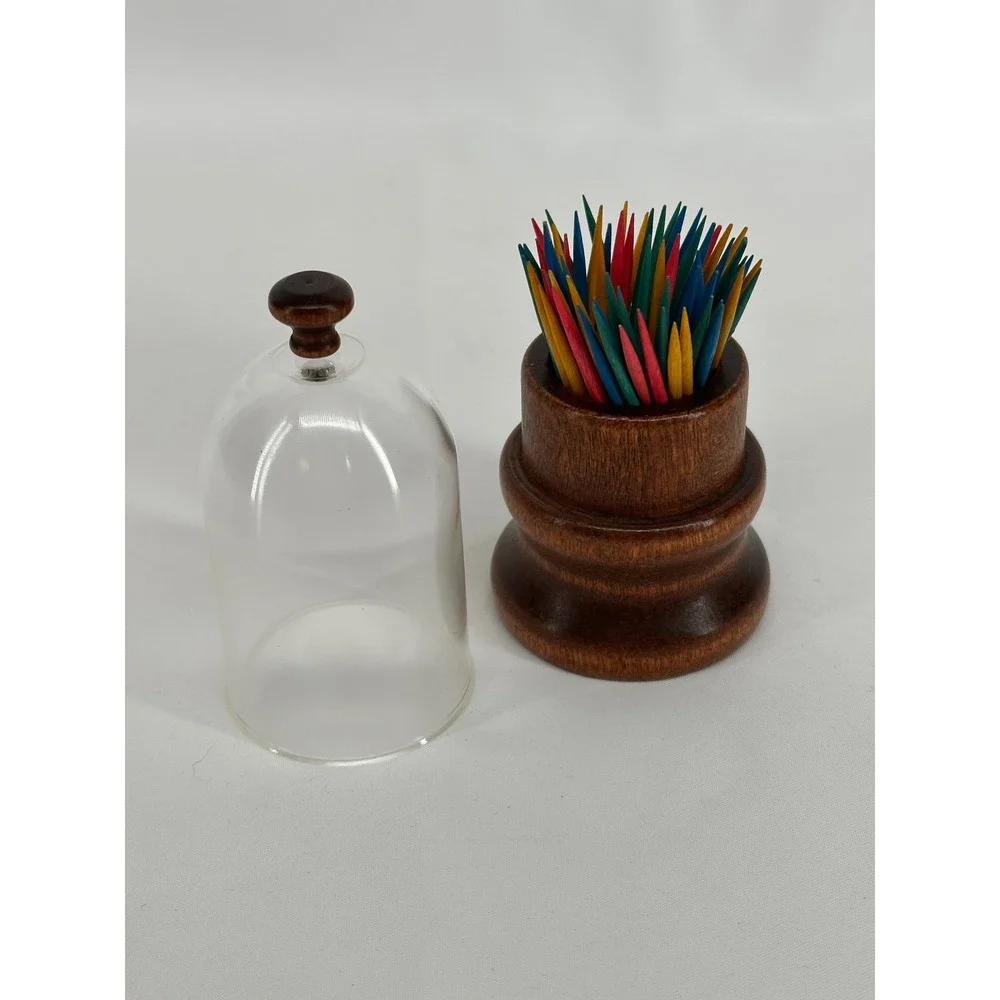 Unbranded Toothpick Holder Brown Vintage Wood Glass Dome Cloche Set